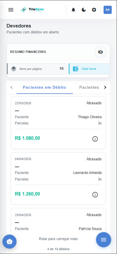 Relatório de pacientes devedores no celular