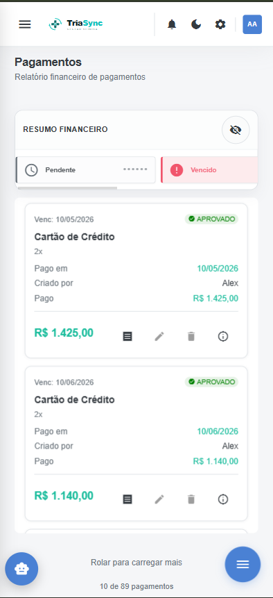 Relatório de pagamentos no celular