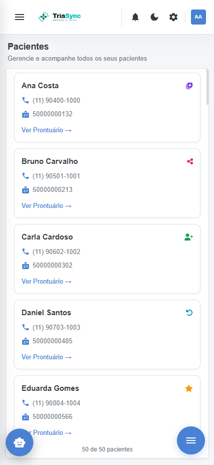 Lista de pacientes do TriaSync no celular